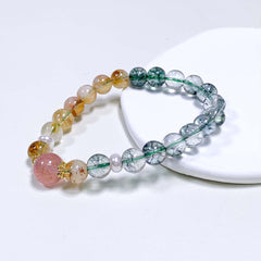 Green Phantom Quartz & Strawberry Quartz Bracelet - Treasure Basin Design with Citrine Accents