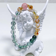 Green Phantom Quartz & Strawberry Quartz Bracelet - Treasure Basin Design with Citrine Accents