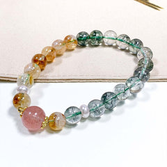 Green Phantom Quartz & Strawberry Quartz Bracelet - Treasure Basin Design with Citrine Accents