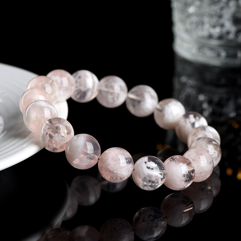 Natural Pink Snowflake Phantom Round Beaded Bracelet